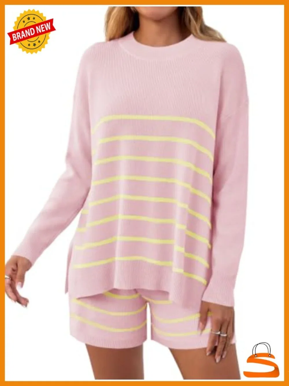 Striped 2 Piece Lounge Set Oversized Knit Sweater High Waisted Shorts Pajama Set